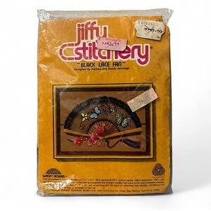 VTG 80s Jiffy Stitchery Crewel Embroidery Kit Black Lace Fan Butterfly Wool Yarn